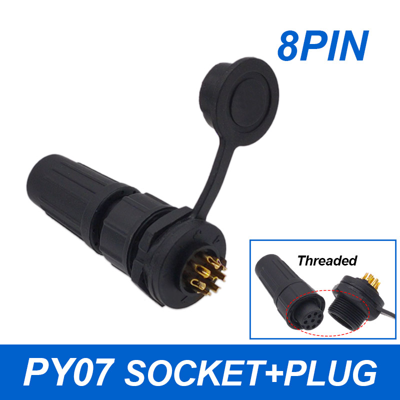 Waterproof connector plastic plug socket IP67 PY07 Z108 butt connector 2pin 3pin 4pin 5pin 6pin 7pin 8pins: black