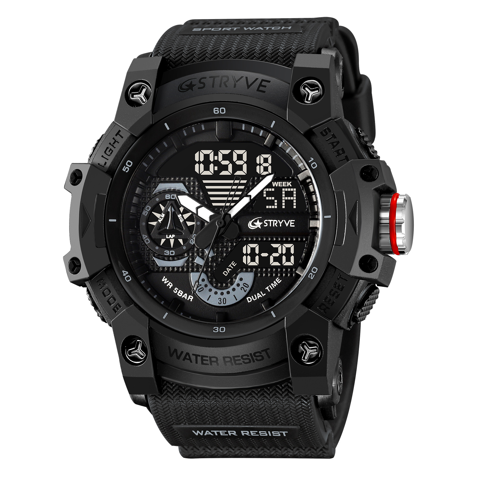 STRYVE Watch 8029 Popular Sports Men's Watch Good Analog-Digital Dual Movement Calendar Luminous Waterproof Watches: Red