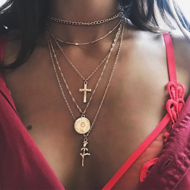 KSRA Bohemia Vintage Geometric Pearl Necklace For Women Gold Moon Star Cross Chain Pendant Necklaces Boho Jewelry