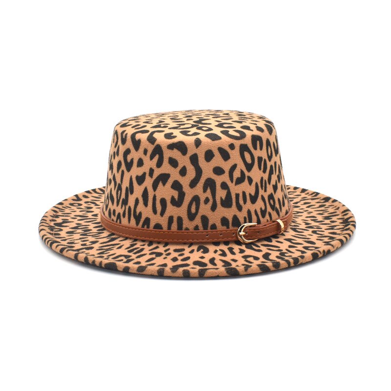 Klassisk leopardfilt fedora mænds og kvinders kunstige uld blandet jazz hat bred rand enkel kirke derby flad top hat re: Khaki