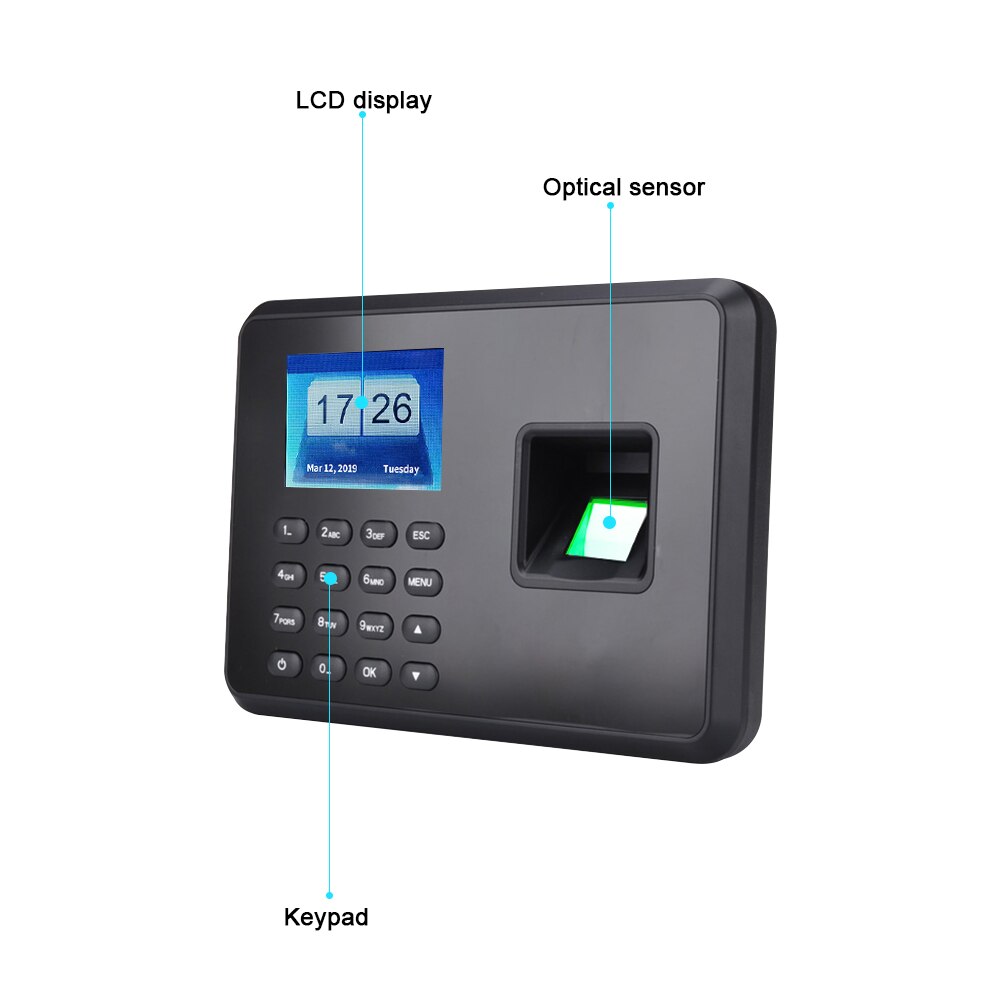 Biometrisk fingeraftryk adgangskode fremmøde medarbejder check-in optager 2.4 tommer lcd-skærm  dc 5v tids fremmøde maskine