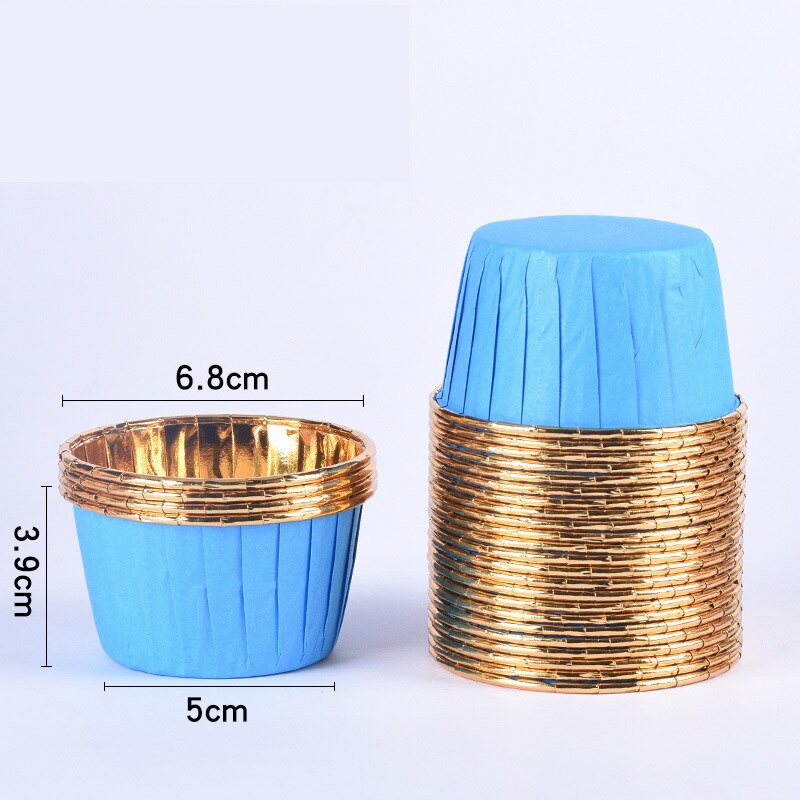 50 st stora 5039 aluminiumfolie omslagspapper guld silver cupcake liner bakformar plåt fodral bröllop muffins pappersmugg: Blått guld