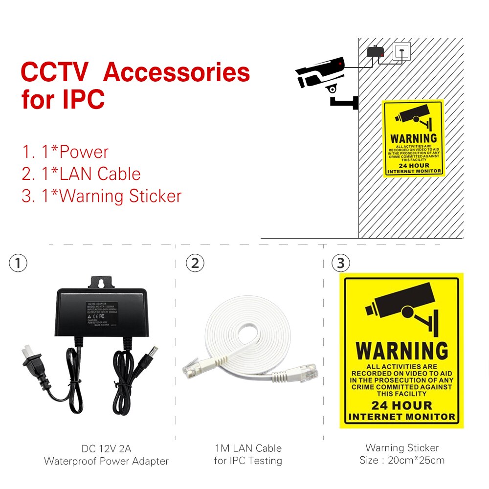 Cctv Accessoires Tas: dc 12V 2A Power + Lan Kabel 1M + Waarschuwing Sticker 20*25Cm Voor Cctv Ip camera Kits Systemen Eu/Us/Au/Uk