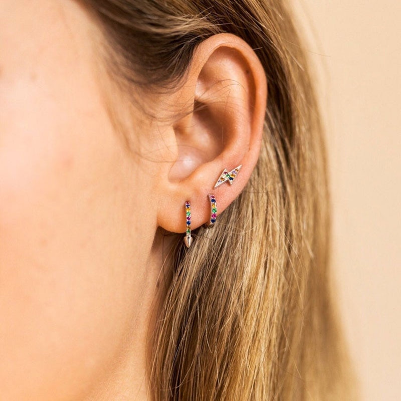 Peri'sBox 5 Designs Colorful Lightning Small Hoop Earrings CZ Stone Long Bar Geometric Earrings for Women Circle Dainty Earrings