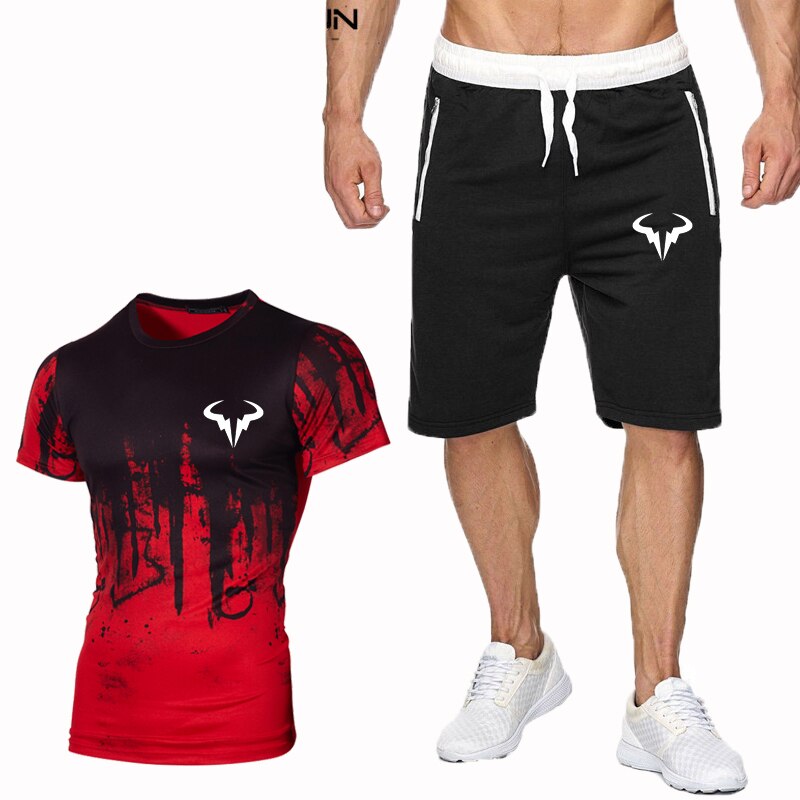 popular Rafael Nadal tennis player suit men's 3DT shirt + shorts men's cabin summer suit: Black red1 / XXL