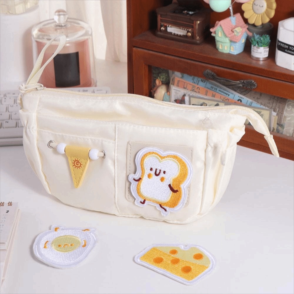 Caja organizadora de lápices de gran capacidad, estuche de lápices con parche bordado estético, bolsa de almacenamiento de papelería creativa de dibujos animados, bricolaje
