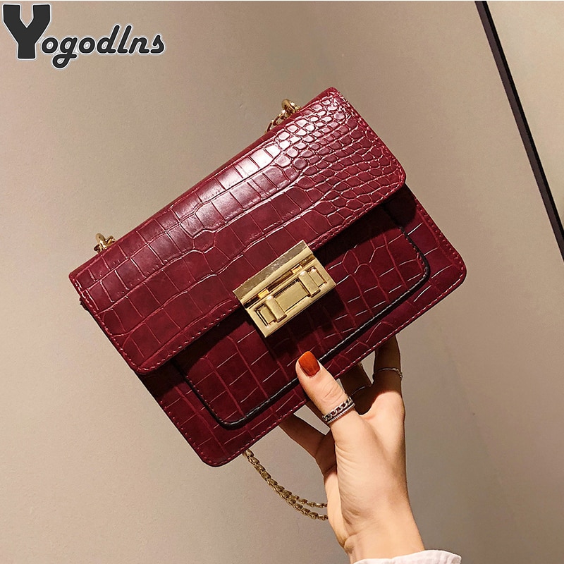 Retro Crocodile Pattern Shoulder Bags For Women PU Crossbody Bag Solid Color Small Square Bag Ladies Portable Handbags