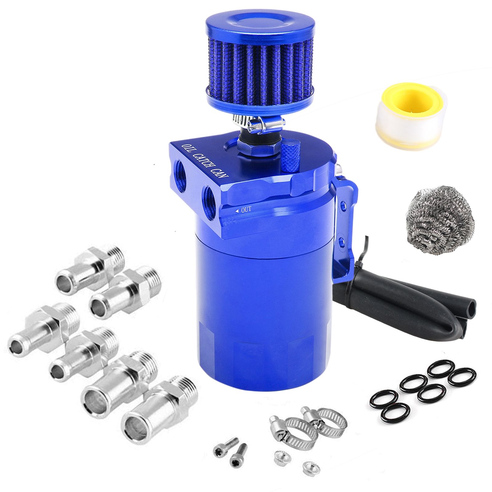 Car Baffled Oil Catch Can Reservoir Tank with Air Filter Breather Baffled Aluminum Fittings Oil Dipstick Hole Breathable Kettle: Blue