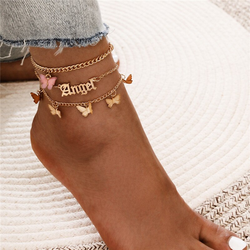 Modyle-Bracelet de cheville papillon pour femmes, chaîne couleur or, Bracelet de cheville angulaire du pied, cheville de plage, bijoux bohème, nouvelle ,