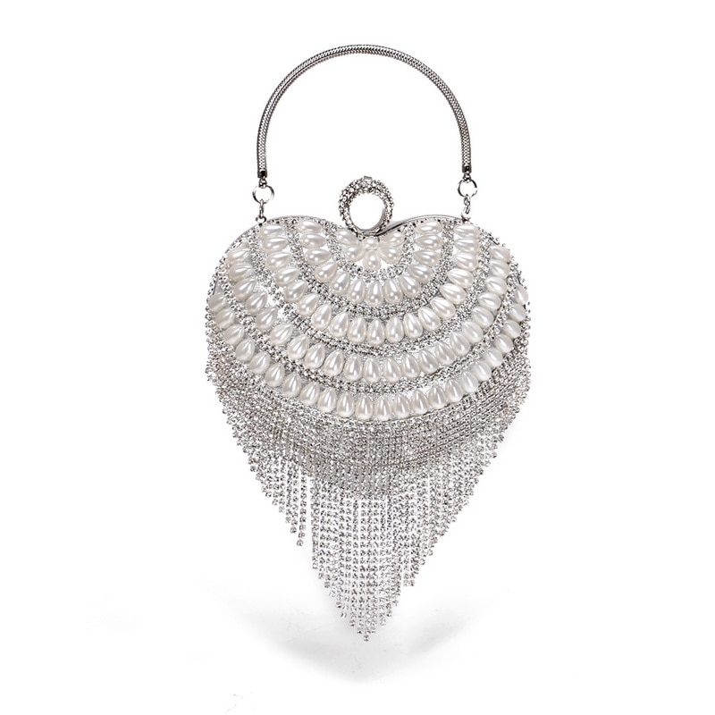 Small Clutches Women Tassel Heart Day Finger Ring Metal Crystal Evening Bags with Handle Beaded Purse Party