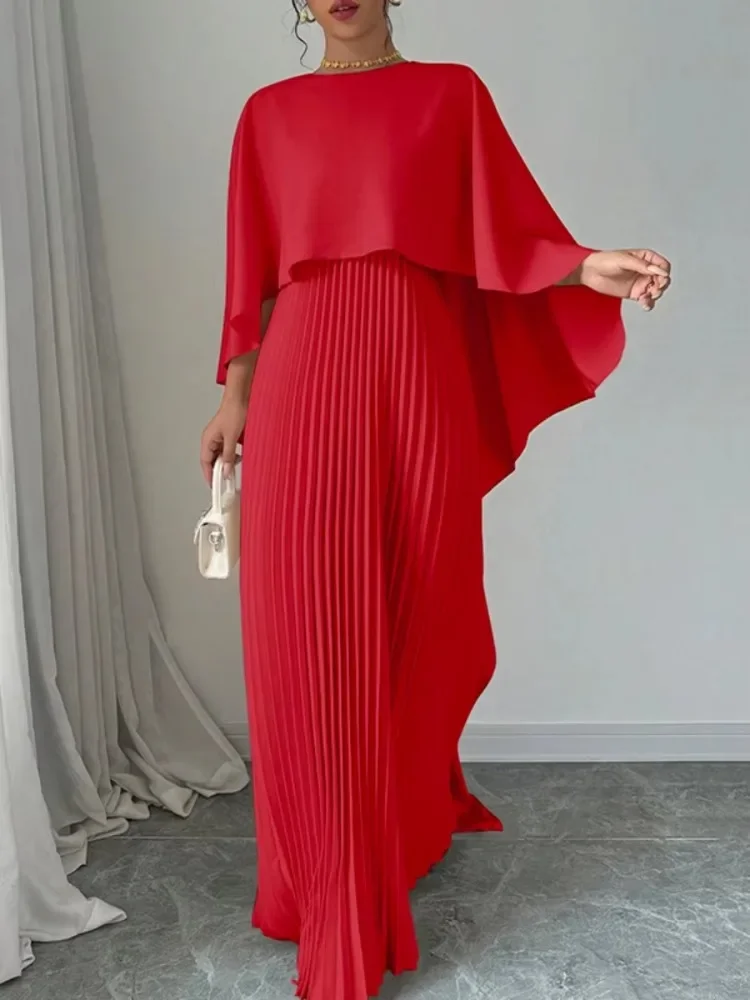 Neue Weibliche Stilvolle High-Low Party Abend Maxi Kleider Frühling Herbst Cape Ärmeln Einfarbig Gefaltetes Langes Kleid
