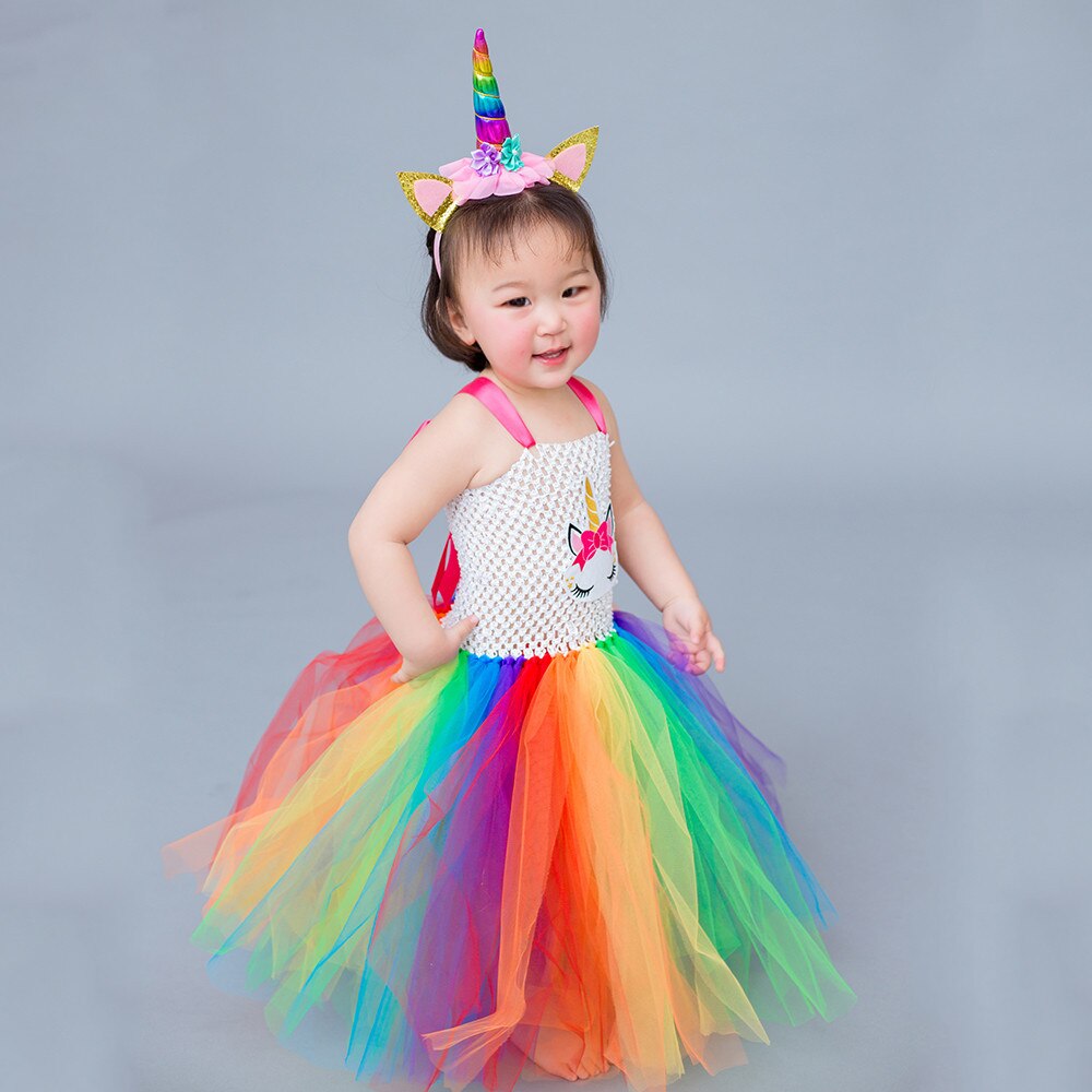 Halloween unicorn girls rainbow skirts princess dress children dance performance wedding flower girl dress costume