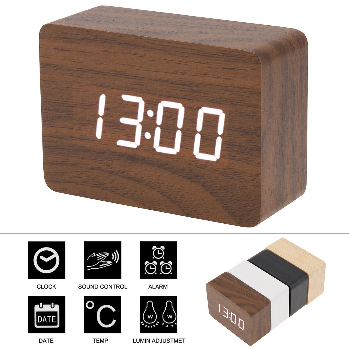 Alarm Clock LED Wooden Watch Table Voice Control Digital Wood Electronic Desktop Clock Multicolor Rectangle Table Desktop Clocks