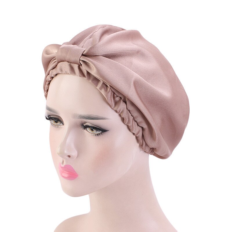 Vanligt fast satin silkeslent hår turban imitation siden dubbelskikt natt sömn mössa knutna huvud täcka hem hatt kemo mössor tb -166