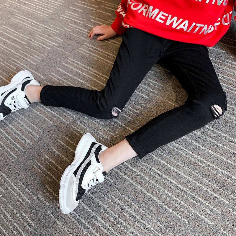Cuhk Children's Black Ripped Jeans Teenager Girl Thin Elastic Holes Denim Pants Toddler Kids Casual Cowboy Skinny Girls Trousers