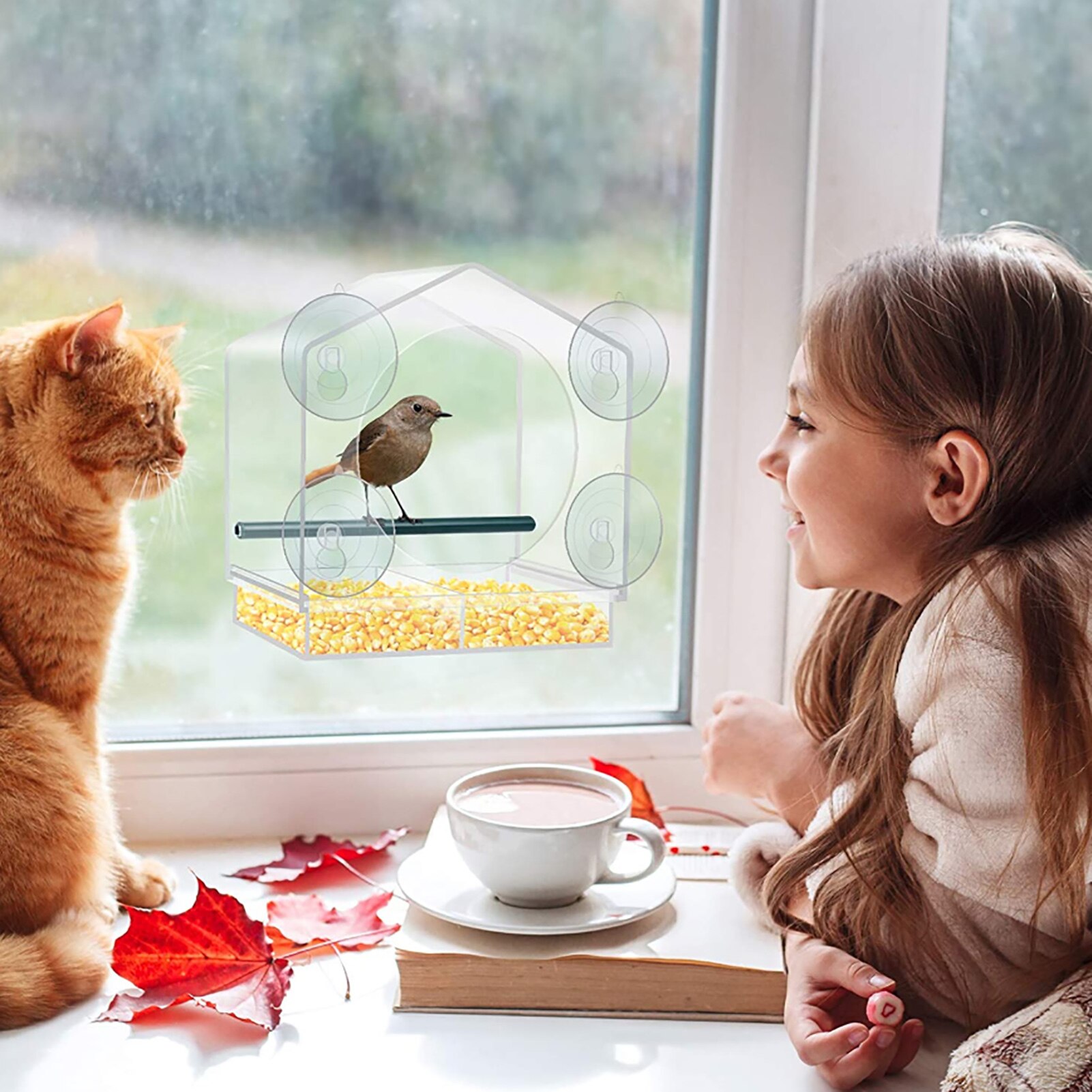 Bird Feeder Acrylic Transparent Window Viewing Bird Feeders Tray Birdhouse Pet Water Feeder Suction Cup Mount House Type Feeder