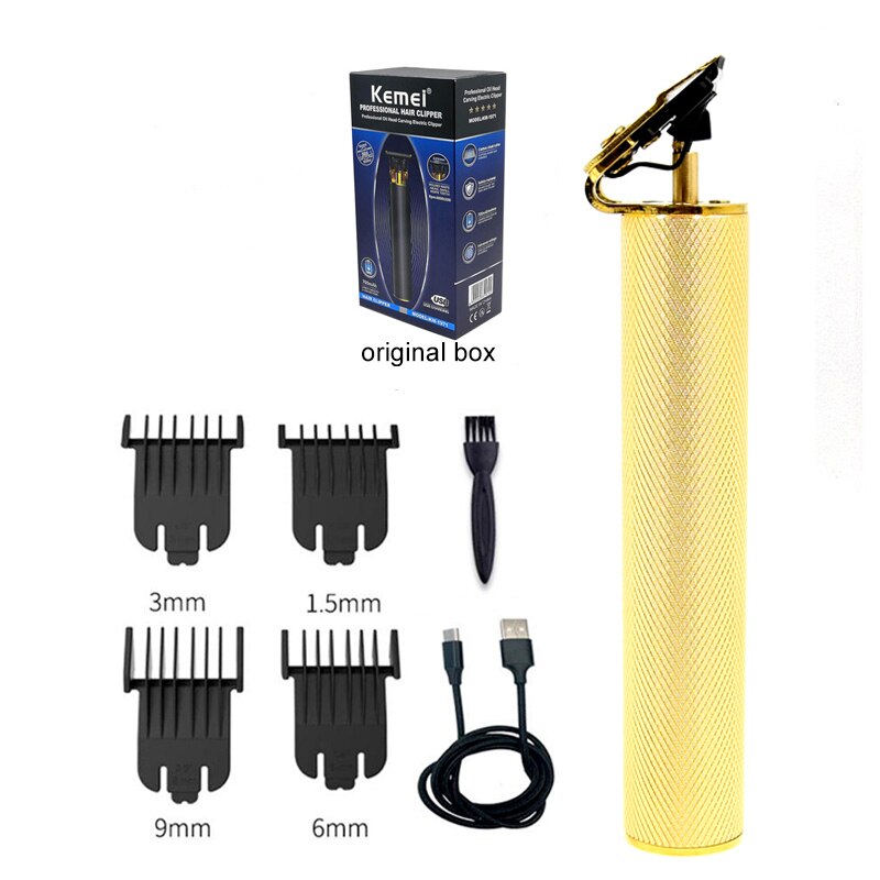 Kemei 1971 – tondeuse à cheveux sans fil tondeuse à barbe Pro li-outliner pour hommes, rasage à 0mm, finition USB, Machine de coupe de cheveux: Gold with box
