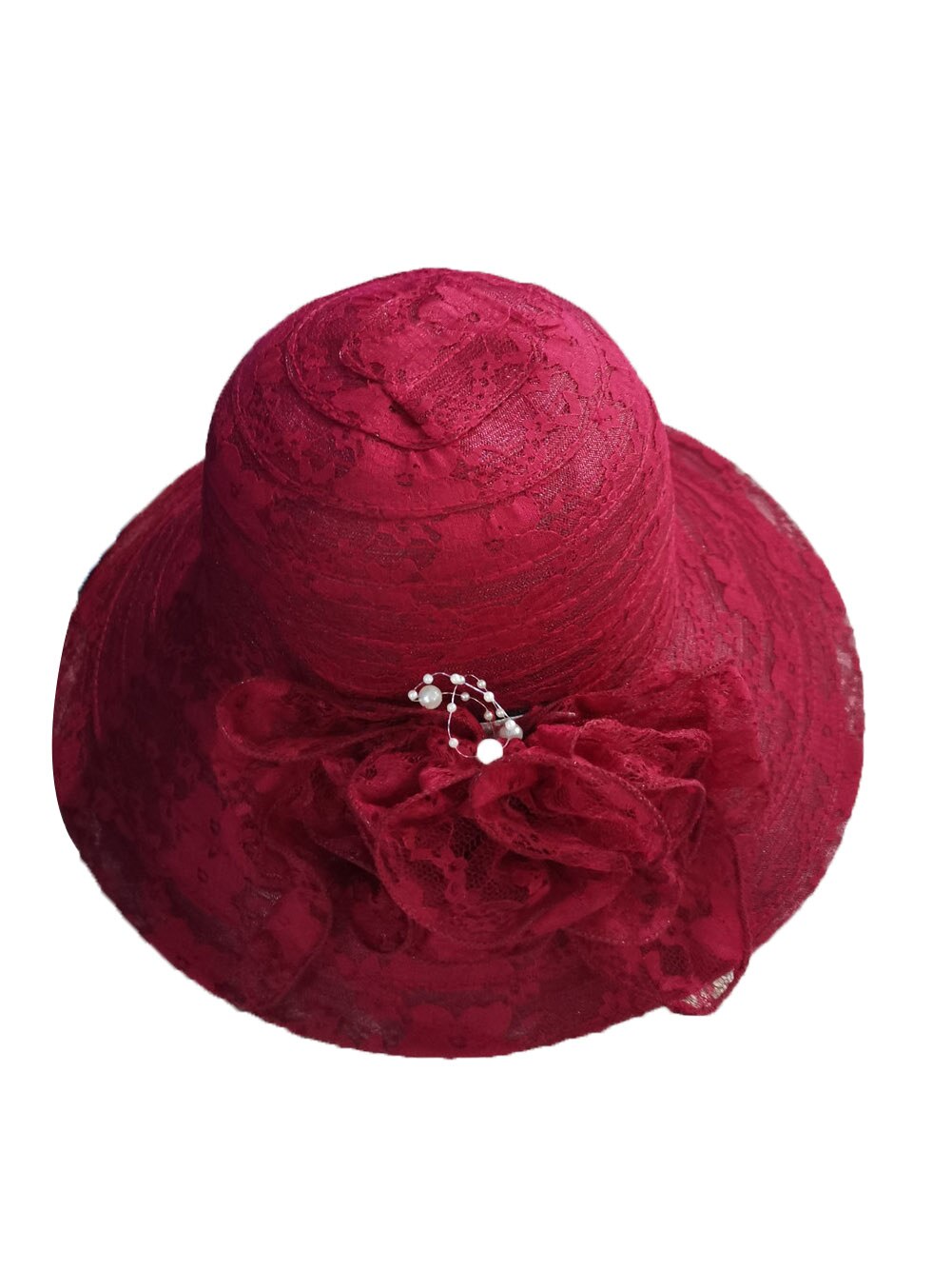 Ladies Women Casual Beach Organza Lace Wide Brim Kentucky Derby Sun Hat Wedding Tea Party Church Cap: Wine Red