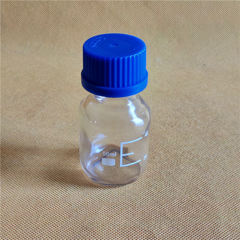 50ml reagensflaske, graduerede opbevaringsflasker med  gl45 blå skruelåg, klar glasflaske