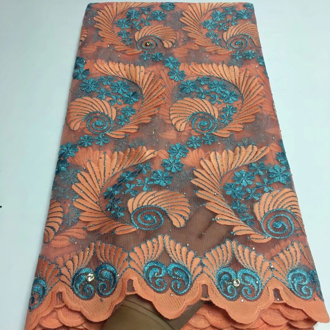 African style The latest Onion color net lace fabric with stones for party wedding cloth 5 yards