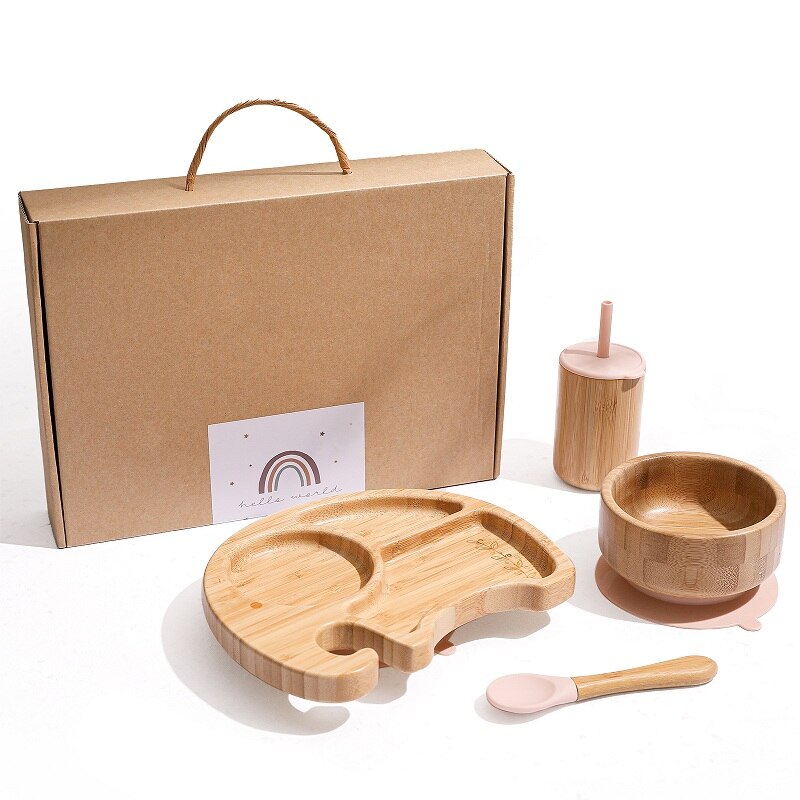 Vaisselle en bois de bambou, accessoires d&#39;alimentation pour bébé, assiette à dîner animaux de dessin animé éléphant avec ventouse, d&#39;anniversaire pour bébé 1 ensemble: peach with box