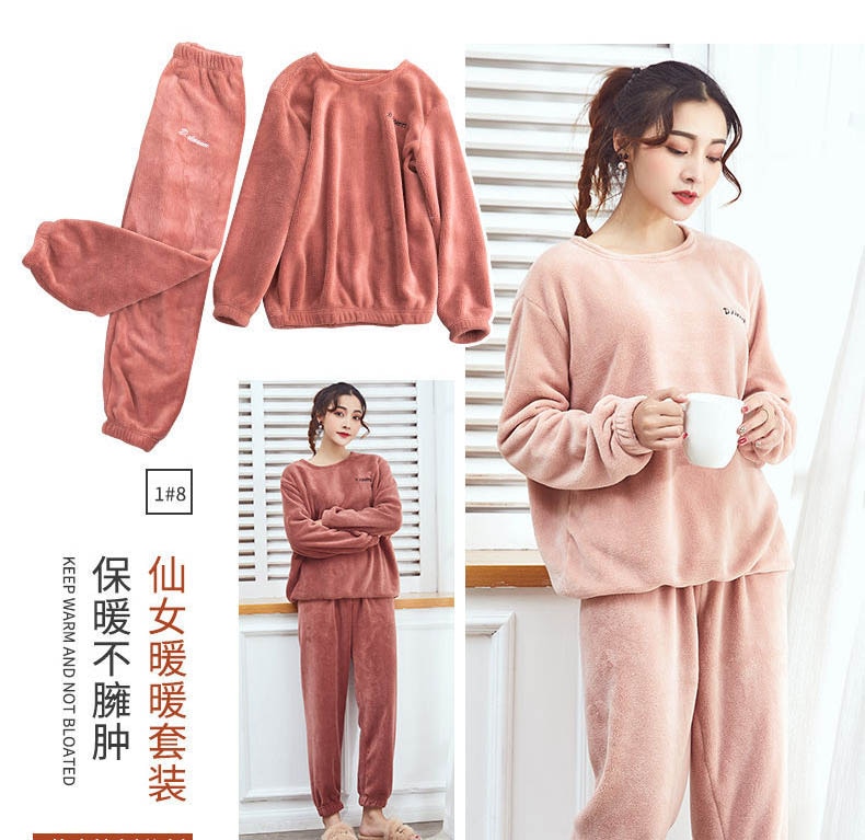Naisten lämmin flanellipyjama setti paksuuntaa tyttö setti pitkähihainen lämmin yöasu puku naisten yöpaita setti
