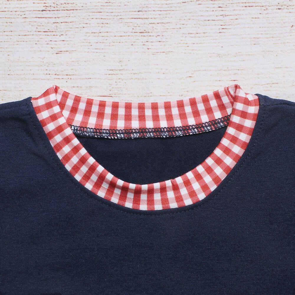 Zomer Kleding Jongen Rode Plaid Manchetten Marine Blauw Korte Mouw Helikopter En Vechter Borduurwerk Patroon Peuter Romper