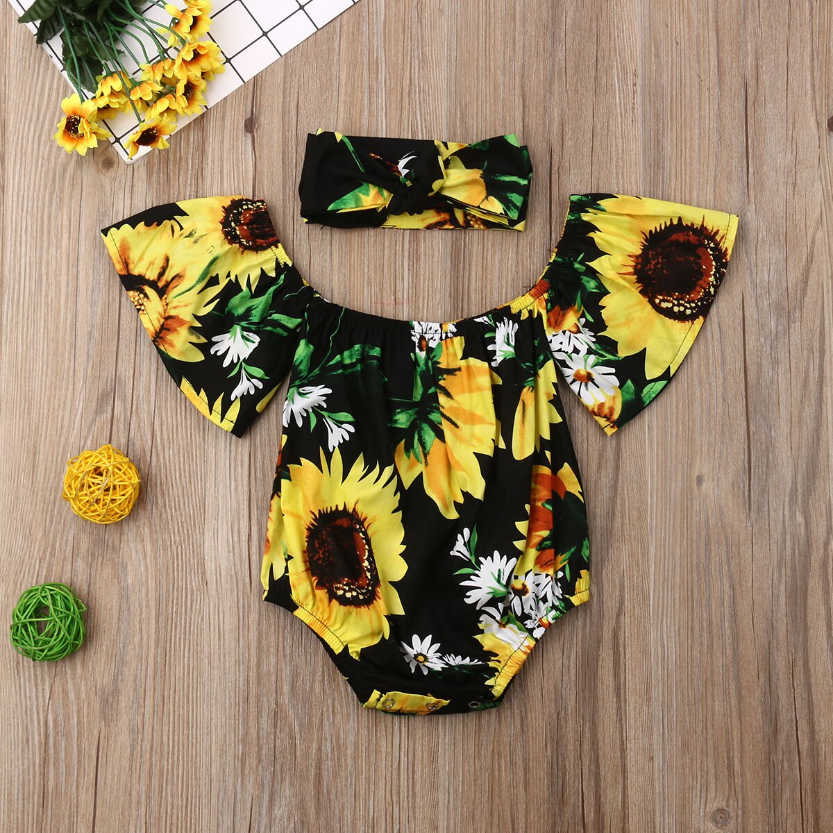 0-24 M Säuglings freundlicher Baby Mädchen Bodys Kurzarm Sonnenblume Drucken Overall Stirnband Outfits Kleidung setzt