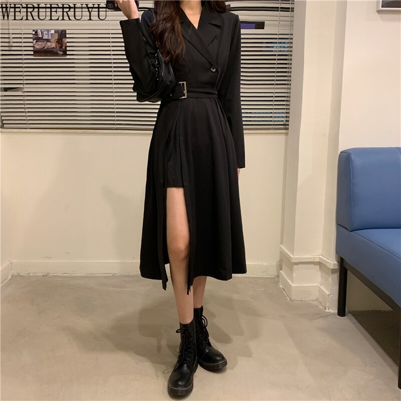 WERUERUYU-vestido negro de verano para mujer, ajustado, de cintura alta, escote en V profundo, manga larga, de ,