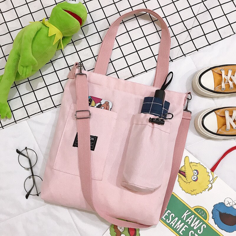 Solid Color Canvas Bag for Female Korean Style Big Capacity Single Shoulder Bags Woman Printing Pocket Bag Cheap Totes