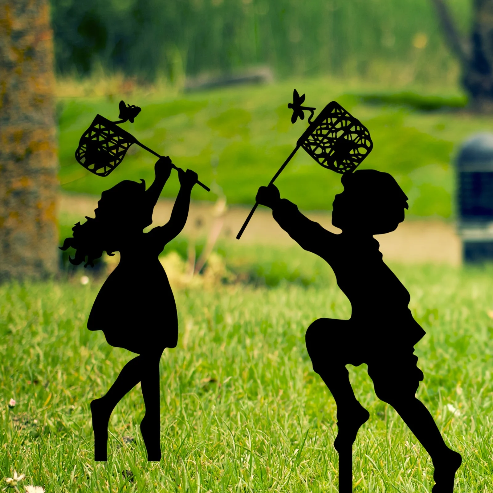 Metal have dekorative jordindsatser jernkunst, drenge og piger udendørs fangst sommerfuglemønster have dekorative bunker egnet