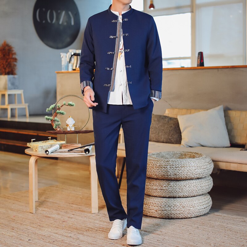 Plus size mænd formel blazer herre slim fit knap tunika jakkesæt sæt ren farve kinesisk stil blazer jakke og bukser