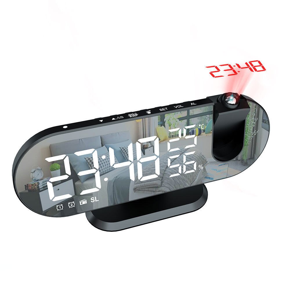 LED Digital Mirror Alarm Clock Watch Table Electronic Desktop Clocks USB Wake Up FM Radio Time Projector Snooze Function 2 Alarm