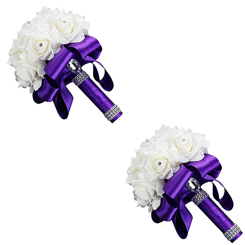Vacker vit elfenben brud brudtärna blomma bröllop bukett konstgjord blomma ros bukett kristall brud buketter: 2 st lila