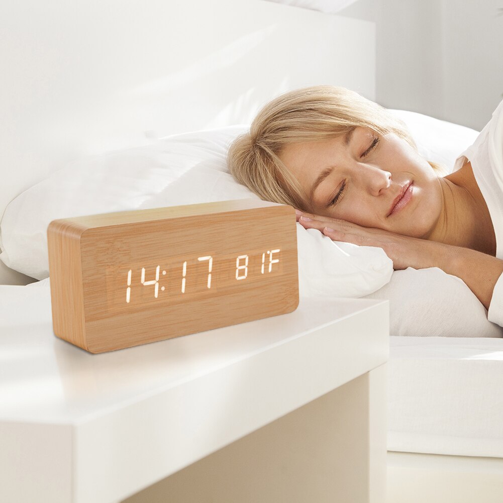 Electric LED Wooden Alarm Clock Multifunction Voice Control Digital Clock Large Number Temperature Desktop Display Clock for Off