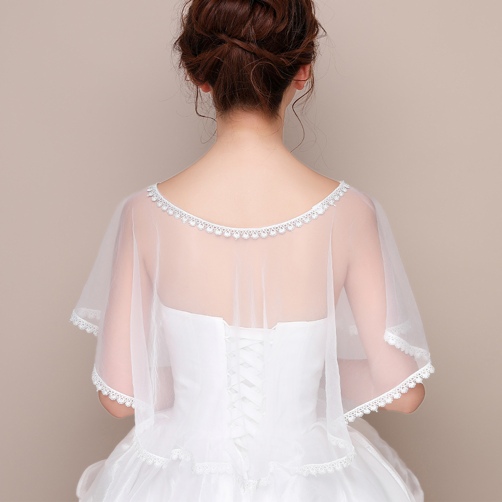 Cape de mariage en Tulle ivoire pour femme, châle, col rond, avec des appliques en dentelle, enveloppe formelle, pour bal de promo, soirée