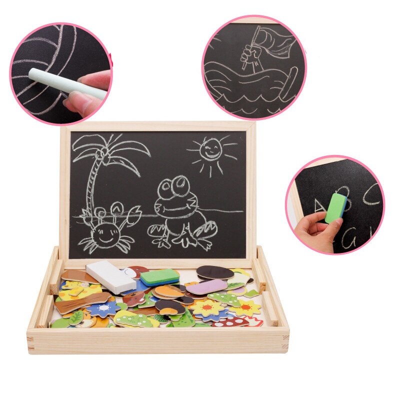 Wooden Kids Educational Learning Toys Magnetic Easel Double Side Dry Erase Board Puzzles Jigsaw Game Toys for Boys Girls