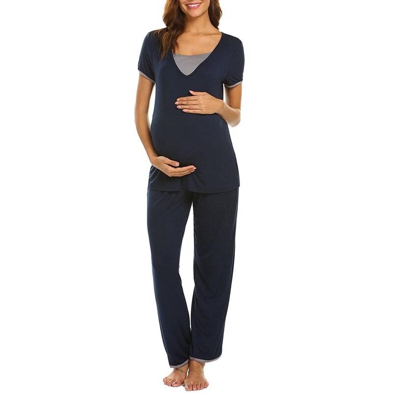 Gravide pyjamas kvinder barsels korte ærmer ammende baby t-shirt toppe+lange bukser pyjamas sæt