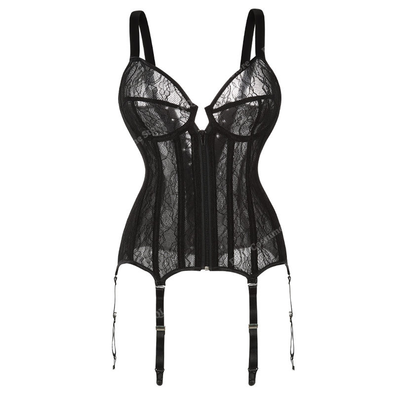 Czarny gorset Top See Through Corset Hollow Lace Bustier Top Victorian Gothic Corset Push Up Bustier Plus Size Lingerie Sexy: XXL / Black