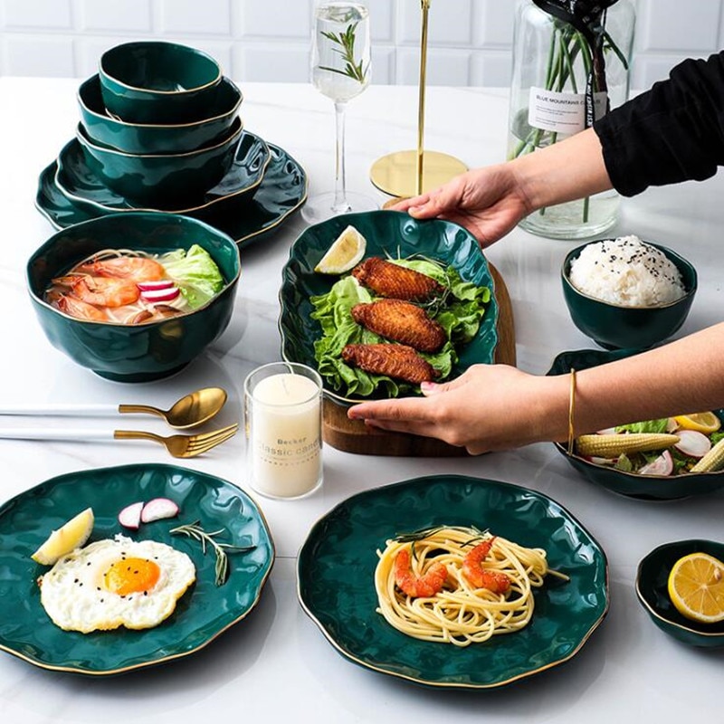 Gold Side Green Plate Tableware Bright Light Steak Dish Dessert Tray Rice Salad Noodles Bowl Dinner Plates Ceramic Dishes 1 PC