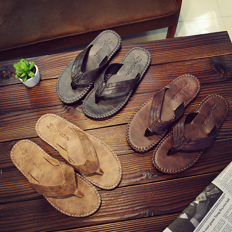 Zpxhsm sommer lædersandaler mænd udendørs strand hjemmesko komfortable herre åndbare gummi flip flops sko  a686