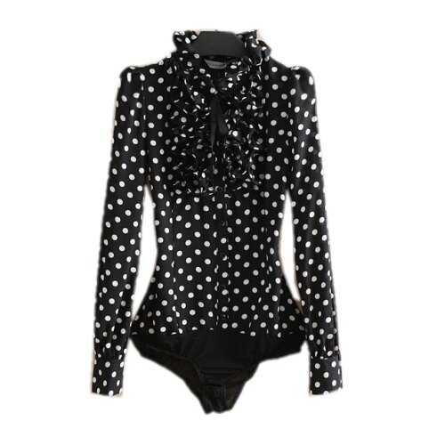 Body blusa Mujer Bodysuit Blusas camisa femenina Blusas Mujer Ruffle negro Polka Dot Chiffon ropa de manga larga: XXL