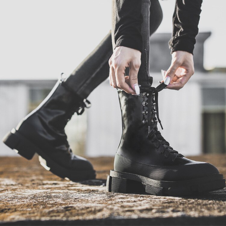 Hokszvy dameslaarzen laarzen plateauschoenen hoge schoenen dikke hak halfhoge veter enkellaarsjes jxq -108-1