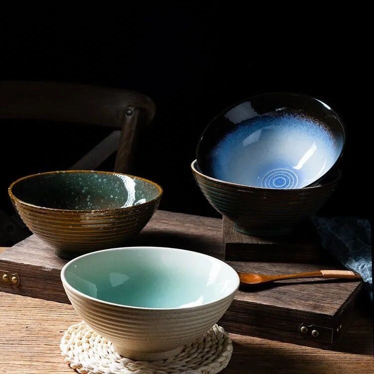 8 Inch Retro Ceramic Ramen Bowl Bamboo Hat Large Soup Bowls Household Fruit Beef Instant Noodle Bowl Japanese Commerce Tableware