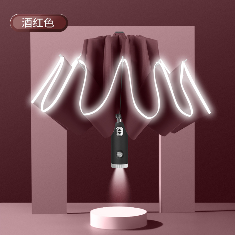 Automatische Paraplu Met Reflecterende Streep Reverse Led Licht Paraplu Drie Vouwen Omgekeerde 10 Ribben Winddicht Paraplu Reizen: 2in1 Wine