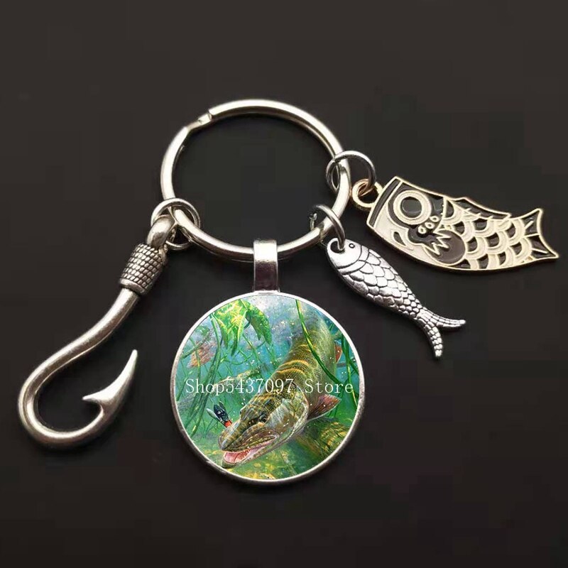 LLavero de maestro de pesca a la , llavero con anzuelo, llavero con cúpula de cristal, llavero de pescador I Love Fishing Fish, llave colgante: Caqui