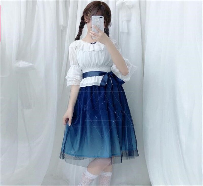Shinning Stars Lolita Dress Gradient JSK Star Blue Girls Solid Fancy Dress Lace Ruched Pleated Dress and Shirt Set: only short dress set / S
