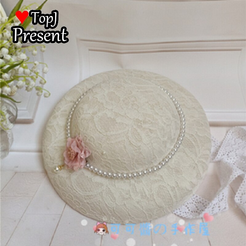 Lolita Hanyang eclectic hat retro linen flat hatGorgeous Hand made hat Ming Hanfu pearl bandage: White 6