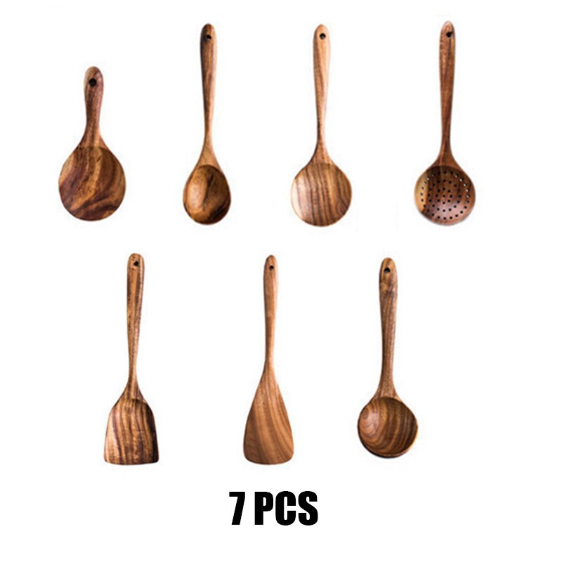 7 Uds. De cucharas de madera para cocinar juego de utensilios de cocina Cocina de madera conjunto de accesorios para cocina espátula de madera herramientas de cocina vajilla: 7 PCS