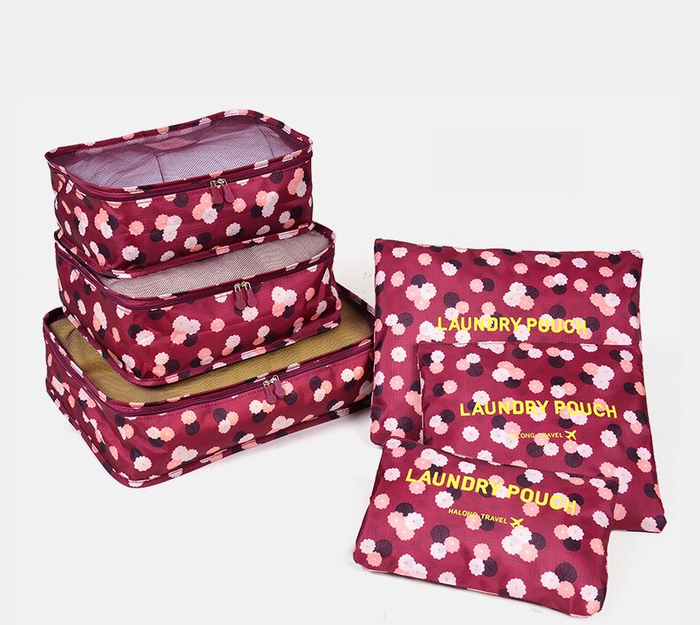 6/ PCS Travel Storage Bag Clothes Tidy Organizer Suitcase Pouch Travel Bag Case Shoes Packing Cube Bag luggage bag: Wine red flowers